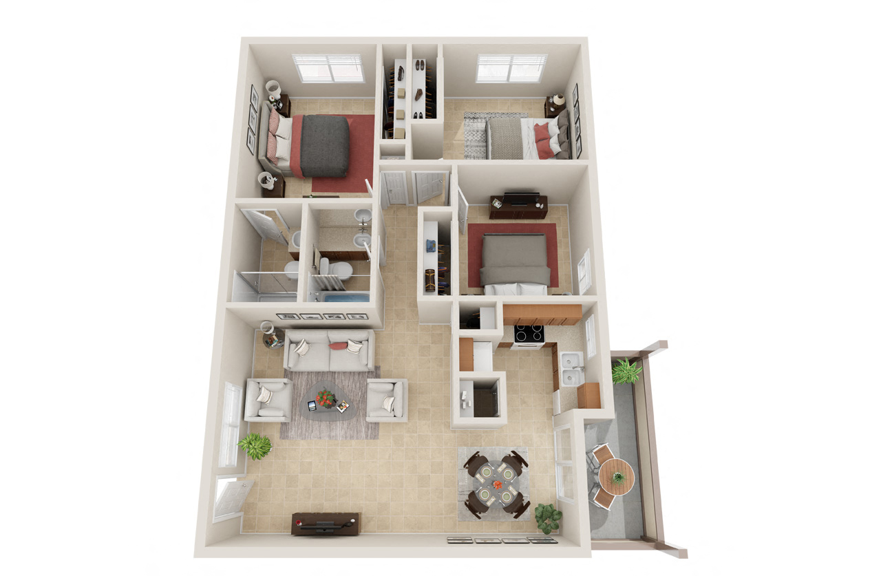 Floor plan for 3 beds, 2 baths, 1060 sqft